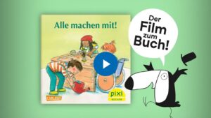 Ein Pixi-Buch auf dem Kinder an einem Hochbeet arbeiten und ein Tukan mit Zylinder ruft "Der Film zum Buch!"