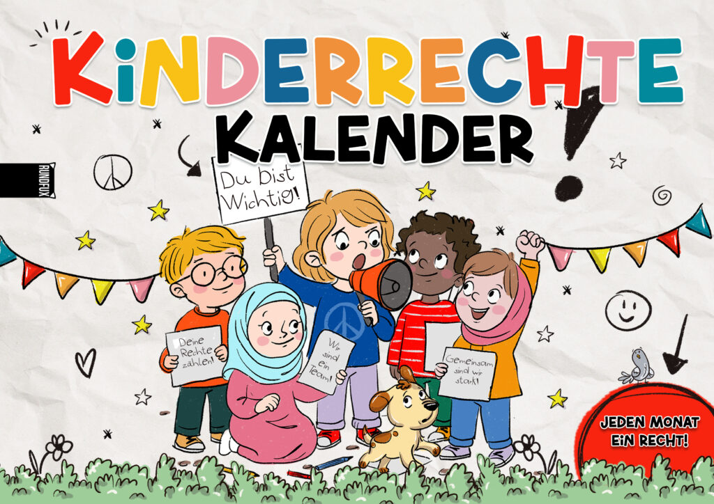 Kinder halten Schilder mit Infos zu den Kinderrechten hoch.
