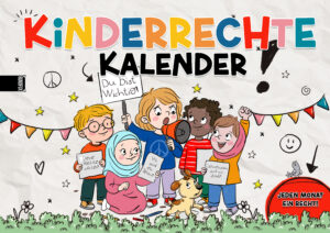 © RUNDFUX® Kinder halten Schilder mit Infos zu den Kinderrechten hoch.
