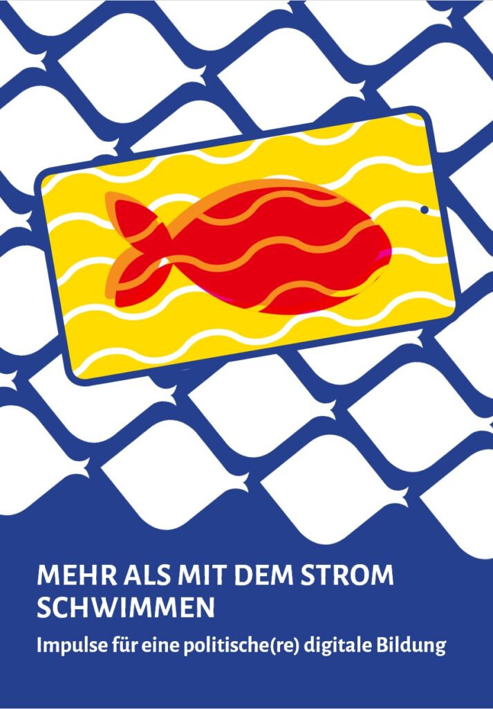 © Arbeitskreis deutscher Bildungsstätten e. V. und Verein Sozialprofil, Lizenz: CC BY-NC-SA 4.0 Ein Fisch schwimmt in einem Smartphone gegen einen Strom anderer Fische.