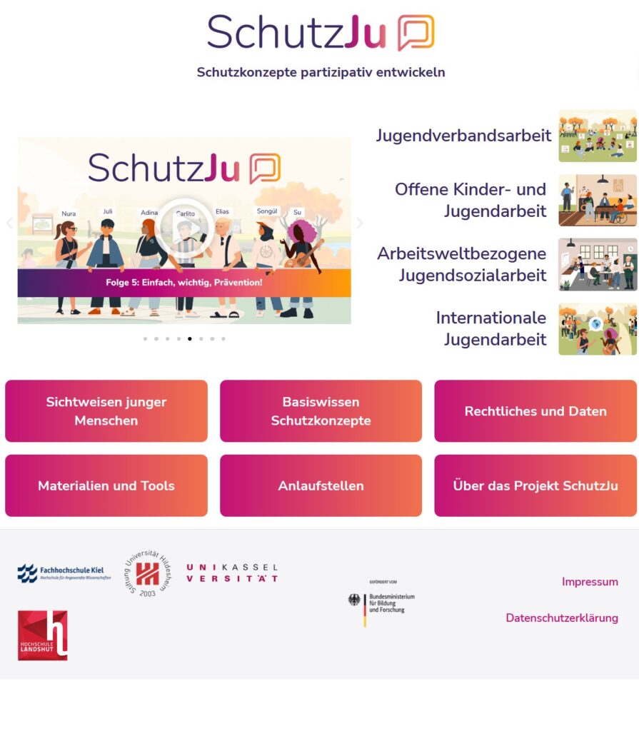 © Fachhochschule Kiel, Stiftung Universität Hildesheim, Universität Kassel, Hochschule Landshut Screenchot mit Bildern von verschiedenen Orten der Kinder- und Jugendarbeit.