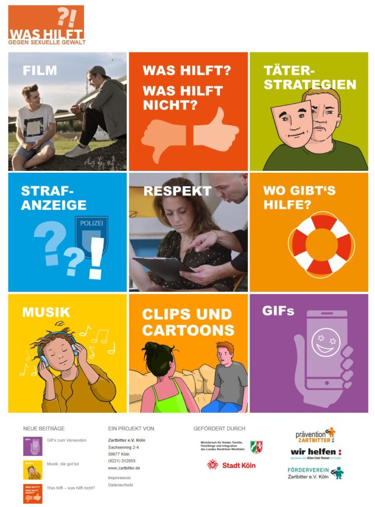 Screenshot der Website mit den Kacheln Film, Was hilft?, Täterstrategien, Strafanzeige und weiteren.