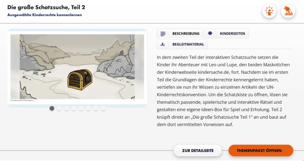 Leo und Lupe erfahren in einer großen Schatzsuche etwas über ausgewählte Kinderrechte.