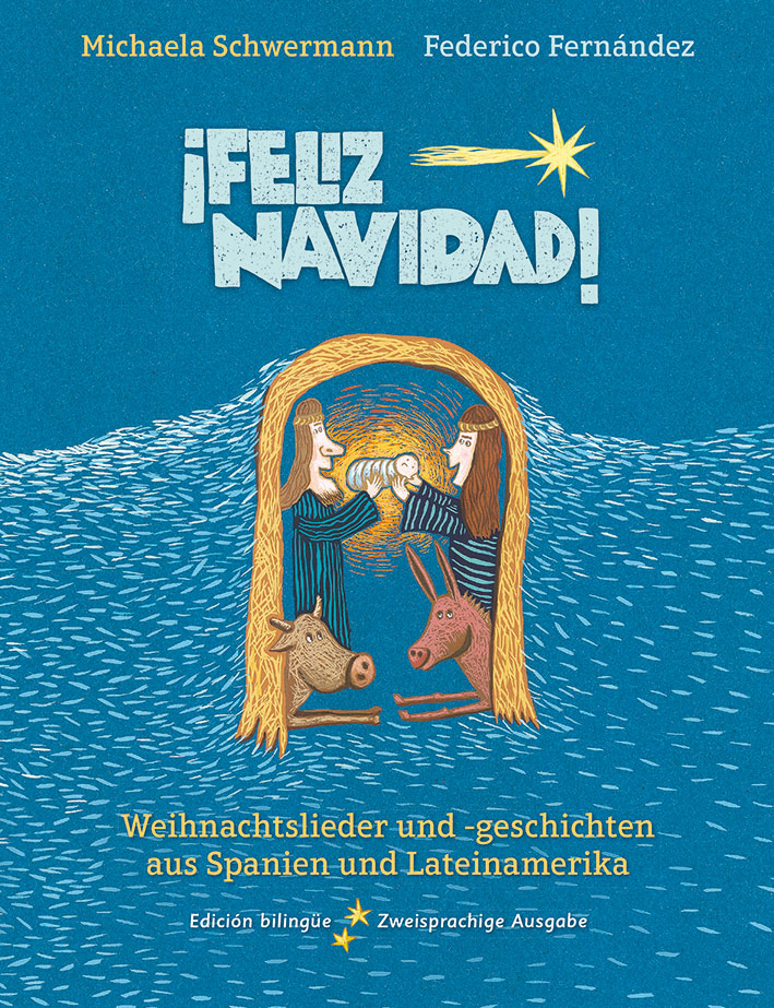 Ein Bild der christlichen Weihnachtsgeschichte mit Josef, Maria und dem Baby Jesus im Stall.