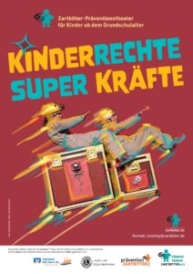 Zwei Menschen mit Helmen fliegen auf Koffern.