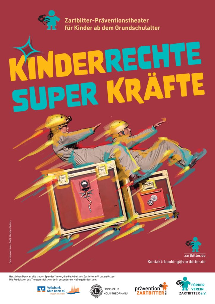 Zwei Menschen mit Helmen fliegen auf Koffern.