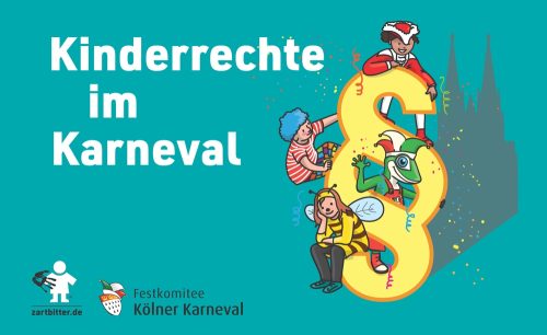 Junge Menschen in Kostümen klettern auf einem Paragraf herum, der ihre Kinderrechte im Karneval symbolisiert.