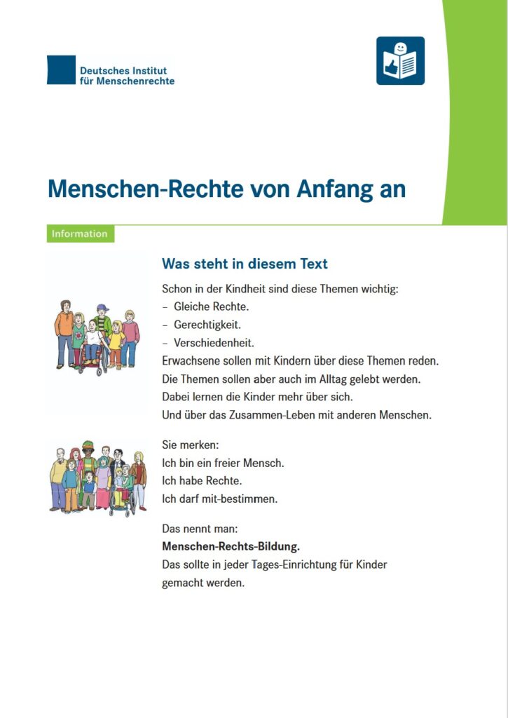 © Deutsches Institut für Menschenrechte, Bilder: Lebenshilfe für Menschen mit geistiger Behinderung Bremen e.V. Deckblatt des Textes Menschen-Rechte von Anfang an mit Bildern und Text