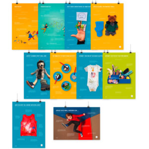 Poster, auf denen Dinge aus dem Alltag von und mit Kindern zu sehen sind.