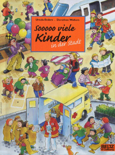 Ein Wimmelbild mit Kindern in verschiedenen Situationen in der Stadt.