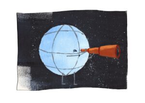 © Buecherpiraten e.V. Der Planet Erde schaut durch ein Fernrohr in die Zukunft.