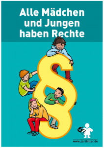 Kinder und junge Menschen klettern durch ein großes Paragrafen-Symbol.