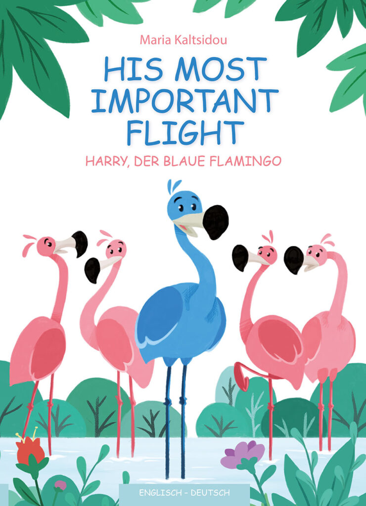 Der blaue Flamingo Harry steht zwischen den anderen rosa-farbenen Flamingos.