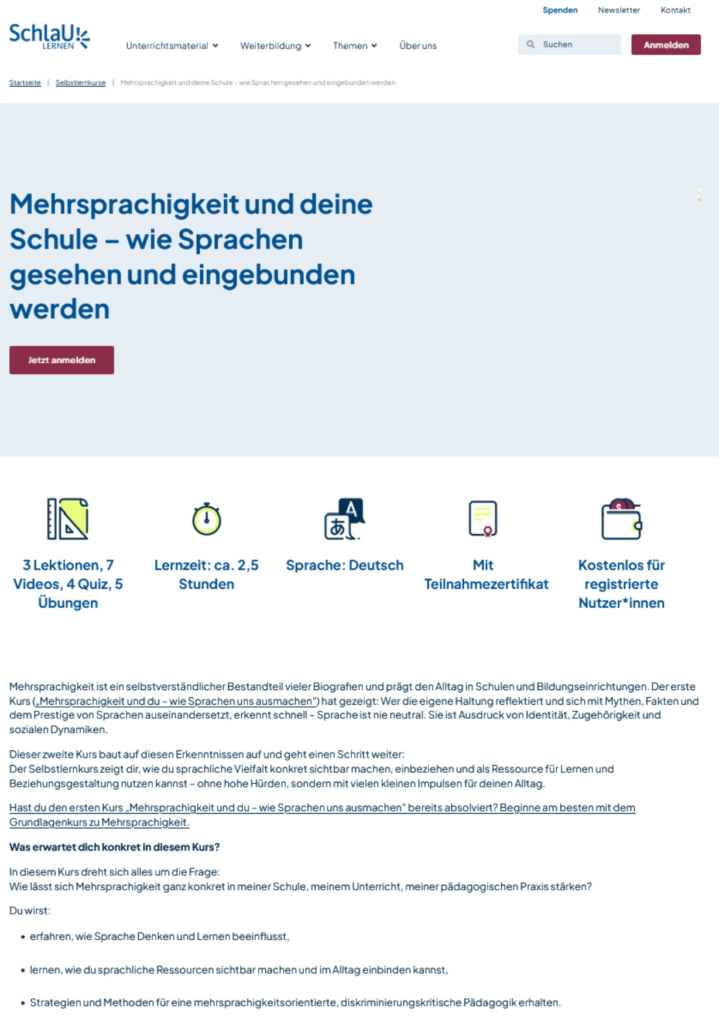 Screenshot des Selbstlernkurses mit Angaben zu Inhalten, Dauer und Zielen