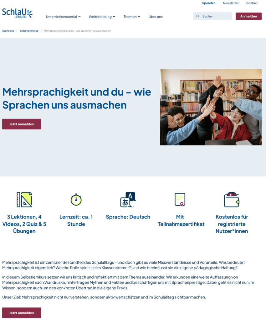Screenshot des Selbstlernkurses mit Angaben zu Inhalten, Dauer und Zielen