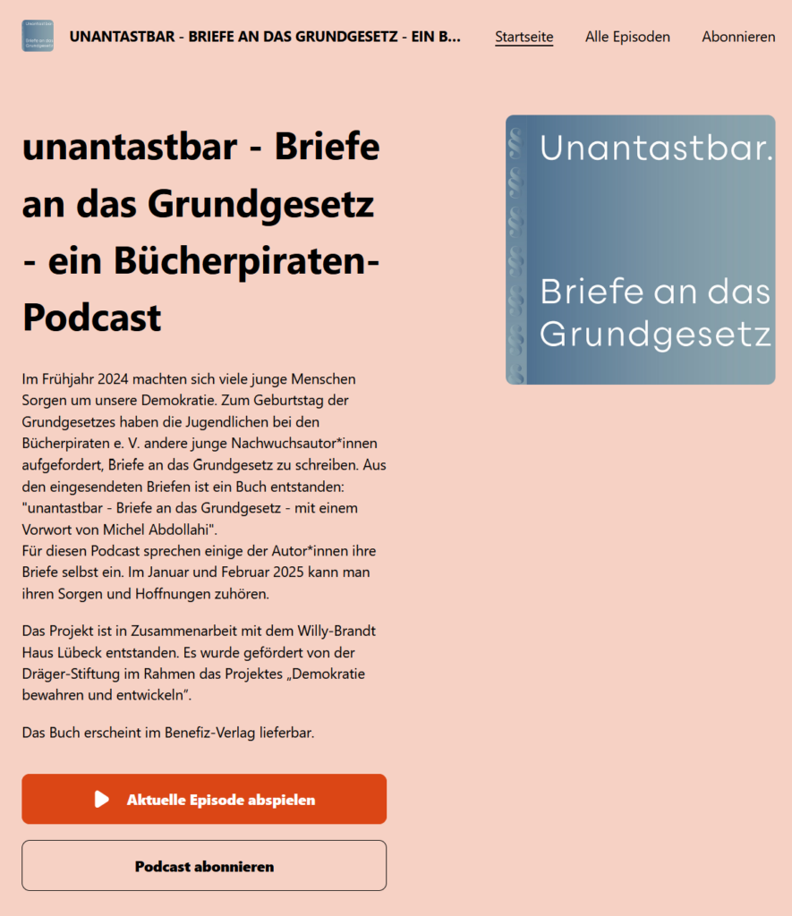 Screenshot mit Logo, Podcastbeschreibung und Episodenliste.