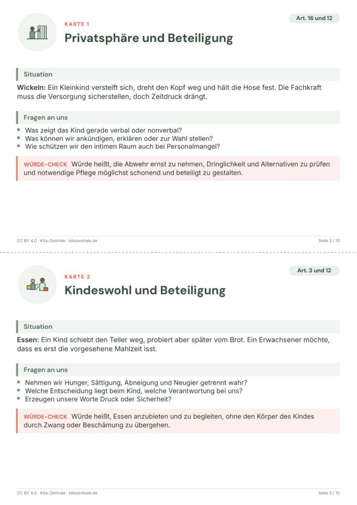 Kinderrechte-Karten für Teams mit Kinderrecht, Icon, Situationsbeschreibung, Fragen und Würde-Check.